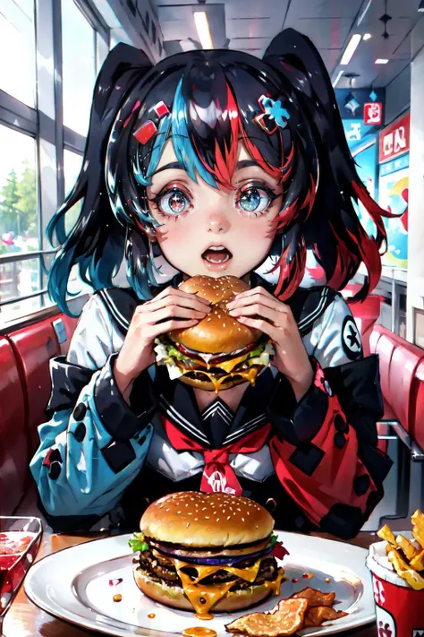 Highly detailed, High Quality, Masterpiece, beautiful, sharp focus, SwitchchanOutfit, <lora:Char_Meme_Switchchan:0.8>, burger, eating a hamburger, nom hamburger, two hands, <lora:Pos_EatingHamburger:0.5>, food, simple background, elbows on table, cup, blurry background, indoors, upper body, <lora:Pos_AcrossTable:1>, sparkle, sparkling eyes, spoken heart, blue eyes,