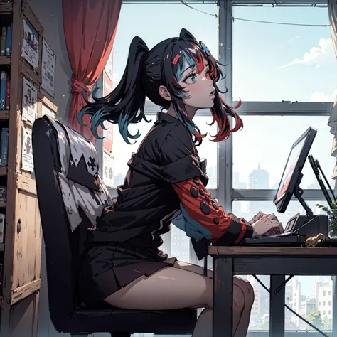 (masterpiece, best quality:1.3), <lora:switchchan2:0.8> , SwitchchanOutfit sitting on computer, shouting, annoyed, tilted head,soft skin, smooth skin, red eyes, blue eyes, heterochromia, from side, natural light, sunny,