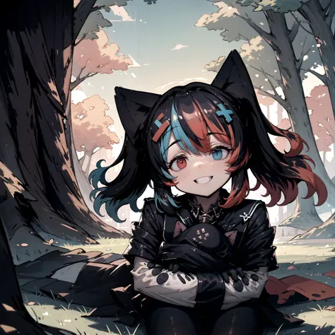 (masterpiece, best quality:1.3), <lora:switchchan2:0.9> , SwitchchanOutfit sitting on grass, (hugging huge cat:1.1), trees,half closed eyes, smiling, tilted head,soft skin, smooth skin, red eyes, blue eyes, heterochromia, from above, looking up, natural light, sunny,