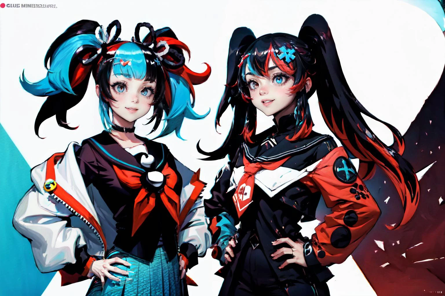 Highly detailed, High Quality, Masterpiece, beautiful, multiple girls, 2girls,
BREAK ShonagonBase, jacket with blue trim, black shirt, sailor collar, skirt, choker, hairclip, <lora:Char_Fate_SeiShonagon:0.95>, hands on hips, smile,
BREAK SwitchchanOutfit, <lora:Char_Meme_Switchchan:0.8>, hands on hips, smile,