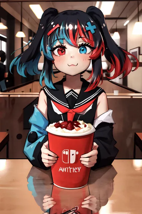 Highly detailed, High Quality, Masterpiece, beautiful, Switch-chan, <lora:Switchchan:0.8>, food, simple background, elbows on table, cup, blurry background, indoors, upper body, <lora:Pos_AcrossTable:1>