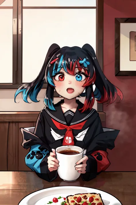 Highly detailed, High Quality, Masterpiece, beautiful, Switch-chan, <lora:Switchchan:0.8>, food, simple background, elbows on table, cup, blurry background, indoors, upper body, tea, <lora:Pos_AcrossTable:1>