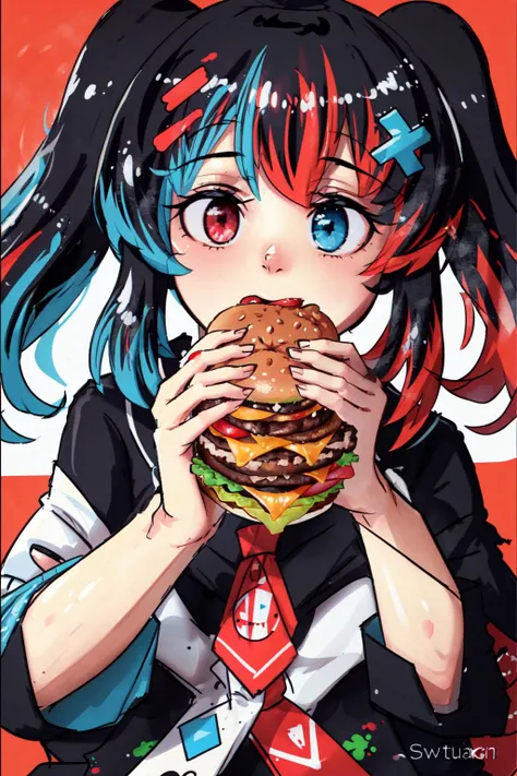 Highly detailed, High Quality, Masterpiece, beautiful, Switch-chan, <lora:Switchchan:0.8>, burger, eating a hamburger, nom hamburger, two hands, <lora:Pos_EatingHamburger:0.5>