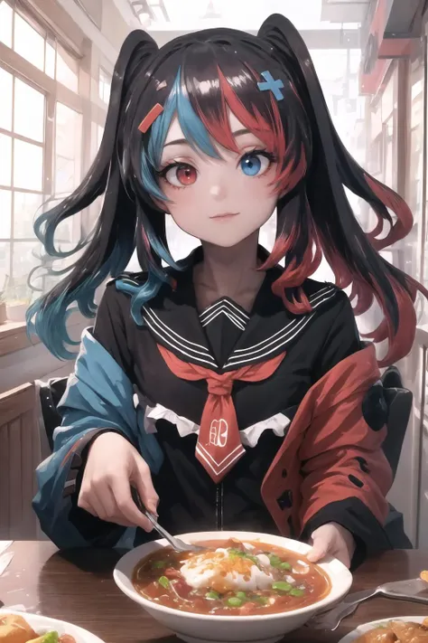 Highly detailed, High Quality, Masterpiece, beautiful, 1girl, solo, SwitchchanOutfit, <lora:Switchchan:0.8>, food, simple background, elbows on table, cup, blurry background, indoors, upper body, <lora:Pos_AcrossTable:1>, :3, smile