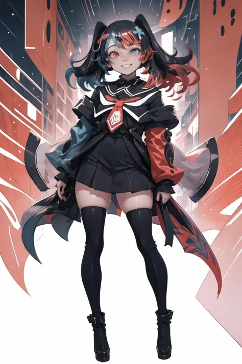 Highly detailed, High Quality, Masterpiece, beautiful, 1girl, solo, SwitchchanOutfit, <lora:Switchchan:0.9>, full body, smile, red eyes, blue eyes, heterochromia,