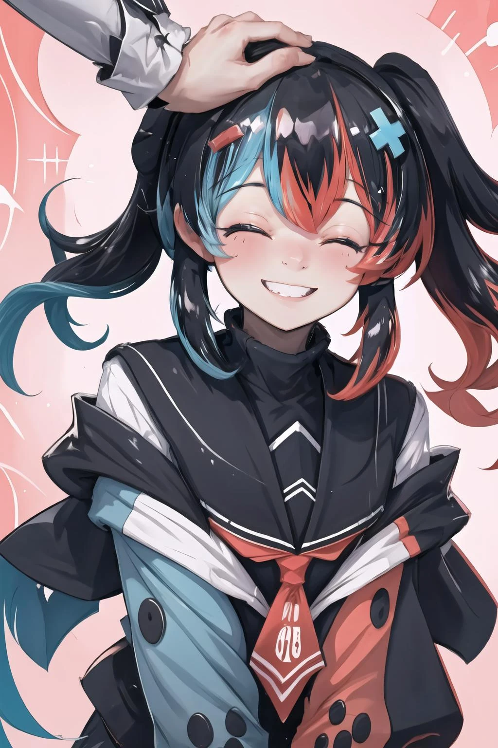 Highly detailed, High Quality, Masterpiece, beautiful, 1girl, solo, SwitchchanOutfit, <lora:Switchchan:0.8>, (HeadpatPOV:1.5), headpat, pov, <lora:Pos_HeadpatPOV>, smile, bright smile, head tilt, closed eyes, happy, blush,