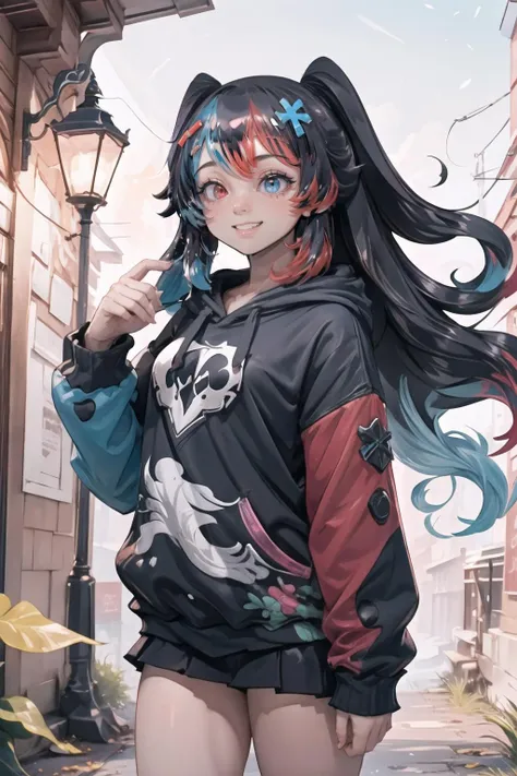 Highly detailed, High Quality, Masterpiece, beautiful, 1girl, solo, SwitchchanDefault, <lora:Switchchan:0.85>, hoodie, wearing [walkure_armor, viking|hoodie], viking, hoodie, [woman|walkure], <lora:Outfit_HoodiesValkyrie:0.8>, cowboy shot, smile, blush, ^-^, outdoors, lamp, sunlight