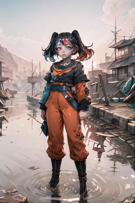 Highly detailed, High Quality, Masterpiece, beautiful, 1girl, solo, SwitchchanDefault, <lora:Switchchan:0.85>, TurtleSchoolUniform, dougi, belt, orange pants, blue footwear, <lora:SonGokusOutfit:0.9>, ((island sanctuary)), ((ancient fallen kingdom)), ((reflections in water)), ((raytracing)), ((drowned city)), red eyes, blue eyes,