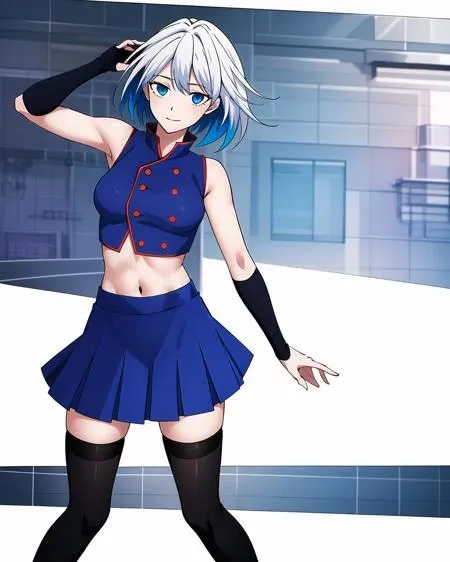 masterpiece, best quality, kaylakaslana, 1girl, solo, dynamic shot, white hair, multicolored hair, blue eyes, blue sleeveless crop top with red edgings, midriff, blue skirt, zettai ryouiki, black tights, black arm sleeves, <lora:kaylakaslanaany:0.75>