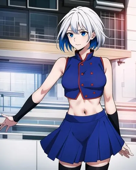 masterpiece, best quality, kaylakaslana, 1girl, solo, dynamic shot, white hair, multicolored hair, blue eyes, blue sleeveless crop top with red edgings, midriff, blue skirt, zettai ryouiki, black tights, black arm sleeves, <lora:kaylakaslanaany:0.75>