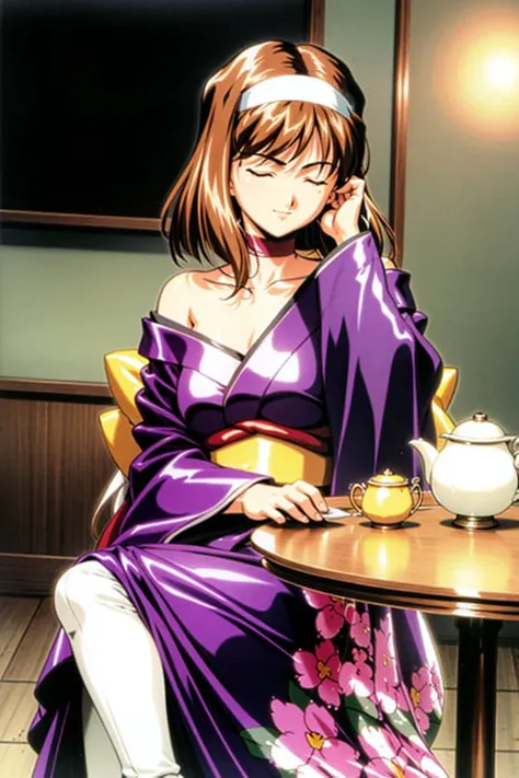 masterpiece, best quality,headband,sumire kanzaki, cup, closed eyes, sitting, teacup, plate, food, saucer, table, holding,kbxll