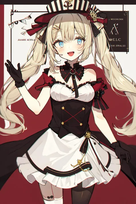 1girl, barbara_(genshin_impact), solo, blonde_hair, pantyhose, blue_eyes, white_pantyhose, twintails, gloves, smile, open_mouth, elbow_gloves, dress, drill_hair, bare_shoulders, looking_at_viewer, hat, long_hair, white_gloves, red_dress, blush, twin_drills, skirt, hair_ornament, breasts, strapless, cowboy_shot, :d, hand_up, bow, strapless_dress, waving, 
 <lora:AKR_20230715231800:1>