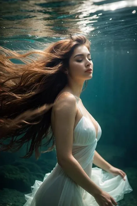 a close up photograph capturing the ethereal beauty of a woman immersed in the depths, her flowing hair dancing gracefully with the currents