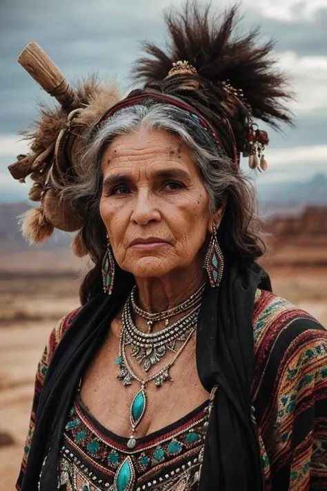 close-up photograph a nomad beefy old woman adorned in primitive jewelry, standing in a desolate yet beautiful landscape with an amalgamation of natural & supernatural elements