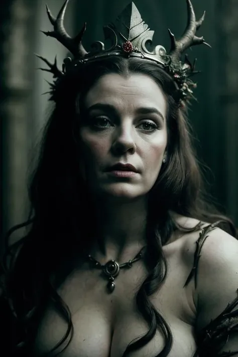 photograph of a majestic grotesque Irish woman, voluptuous, wearing ancient crown made of sharp thorns and twisted branch, deep focus, movie still, horror mood