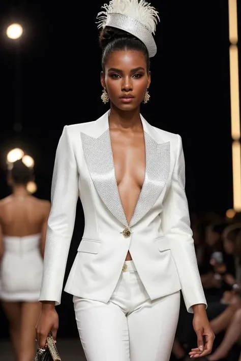 a photograph capturing a female fashion show model wearing avant-garde white suit, exuding confidence and elegance amidst vibrant lights and eclectic patterns