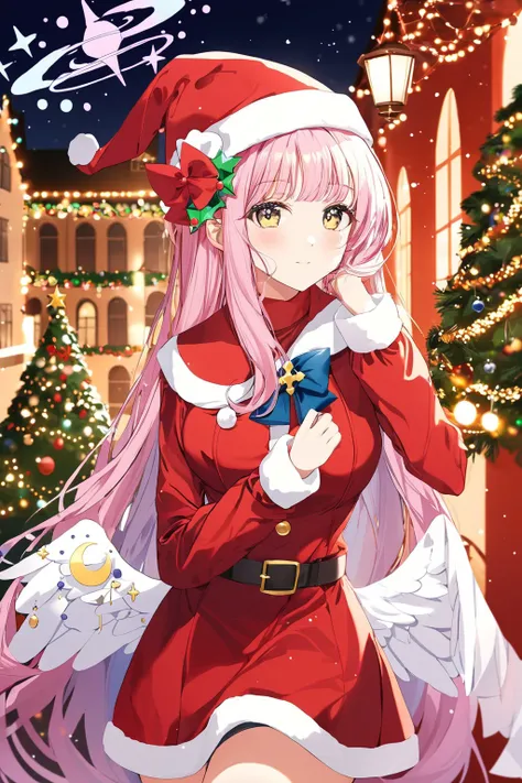 masterpiece, best quality, mika \(blue archive\), 1girl, blue archive, santa hat, (santa costume:1.1), santa girl, miniskirt, angel wings, breasts, halo, pink hair, yellow eyes, hair ornament, hair flower, red theme, christmas, scenery, upper body, zettai ryouiki, thighhigh gaiters,  <lora:mika:0.9>