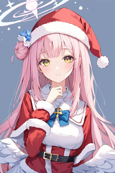 masterpiece, best quality, mika \(blue archive\), 1girl, blue archive, santa hat, santa costume, santa girl, miniskirt, angel wings, white pantyhose, underbust, breasts, halo, pink hair, yellow eyes, hair ornament, hair flower, portrait, upper body, simple background,  <lora:mika:0.8>