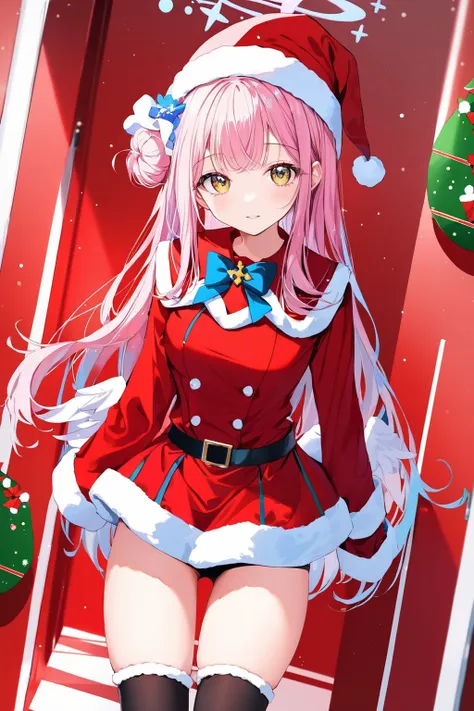 masterpiece, best quality, mika \(blue archive\), 1girl, blue archive, santa hat, (santa costume:1.1), santa girl, miniskirt, angel wings, breasts, halo, pink hair, yellow eyes, hair ornament, hair flower, red theme, christmas, scenery, zettai ryouiki, thighhigh gaiters,  <lora:mika:0.8>