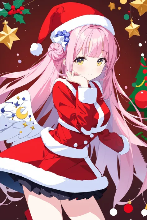 masterpiece, best quality, mika \(blue archive\), 1girl, blue archive, santa hat, (santa costume:1.1), santa girl, red theme, christmas, miniskirt, angel wings, breasts, halo, pink hair, yellow eyes, hair ornament, hair flower  <lora:mika:0.9>