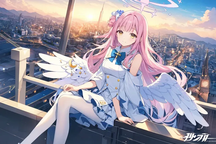 masterpiece, best quality, mika \(blue archive\), 1girl, blue archive, angel wings, white pantyhose, underbust, breasts, halo, pink hair, yellow eyes, sitting, modern city, sky scrapper, scenery, hair ornament, hair flower, official art <lora:mika:0.8>