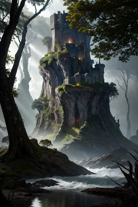 concept art Shy Enchanted Coastal Forest and Fortress, Thunderstorm, Cel shading, Proud, Light caustics, 35mm, vignette, Complex background,, 8k RAW photo, high detail, best quality, masterpiece, close-up, depth of field, dark and gloomy, dark lighting, heavy shadows, vibrant, dramatic
