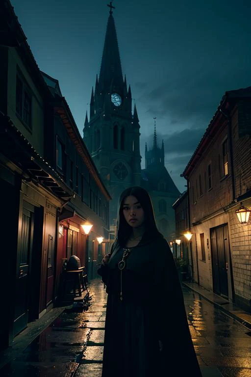 Street level shot of a Spellbinding Ancient "The Church of Bounty", Amusing, natural lighting, Kinemacolor, art by James Paick, art by Lynd Ward,, HD16K quality, 8k RAW photo, high detail, best quality, masterpiece, close-up, depth of field, dark and gloomy, dark lighting, heavy shadows, vibrant, dramatic