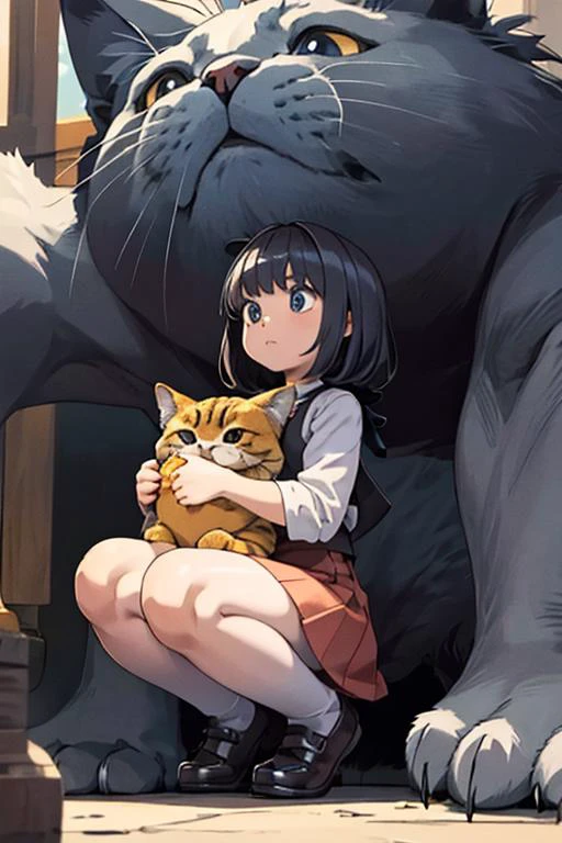 a very little girl holding a extremely large cat, larger than herself