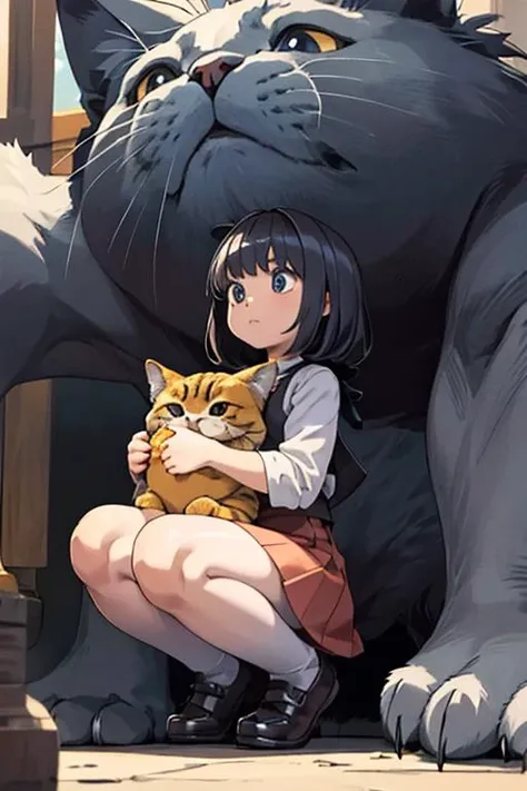 a very little girl holding a extremely large cat, larger than herself