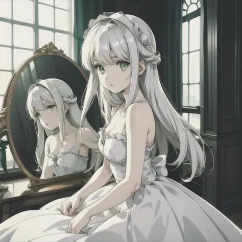 (masterpiece), 1girl, white dress, (white, pale face), (radiant, bright, reflection, deep green eyes), (limited color palette, 2 shades of color), ((high contrast image)), simplicity