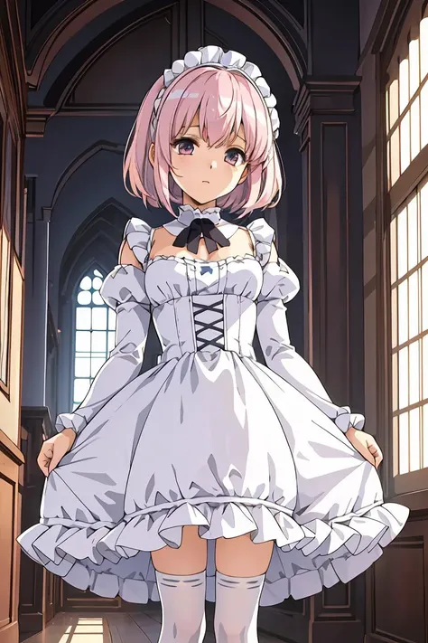 (masterpiece, best quality), 1girl, blue and white frill dress, (white stockings), pink hair, cute face, standing, indoor, intricate detail, sunlight,