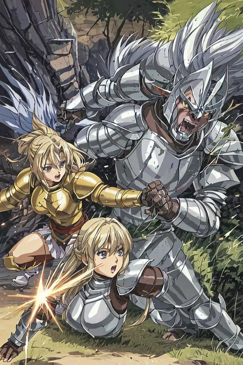(((manga))) a female fighter is attacking at an orc soldier, fantasy , light armor, a female fighter is attacking at an orc soldier, fantasy , light armor, a female fighter is attacking at an orc soldier, fantasy , light armor, (anime)