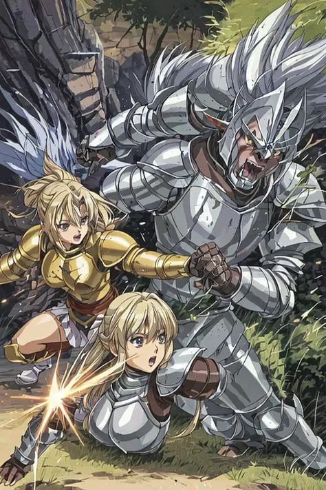 (((manga))) a female fighter is attacking at an orc soldier, fantasy , light armor, a female fighter is attacking at an orc soldier, fantasy , light armor,  a female fighter is attacking at an orc soldier, fantasy , light armor, (anime)