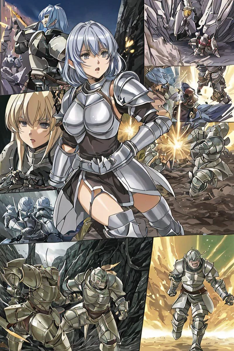 (((manga))) a female fighter is attacking at an orc soldier, fantasy , light armor, a female fighter is attacking at an orc soldier, fantasy , light armor, a female fighter is attacking at an orc soldier, fantasy , light armor, (anime)