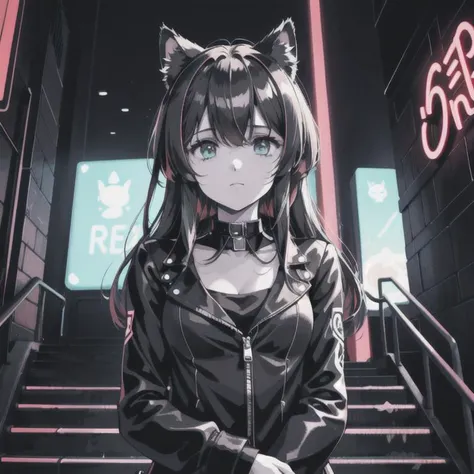 masterpiece, 1girl, :3, furry ears, (neon streets, neon stairs), ((light from below)), ((misterious light)), ((dark upper half)), night, looking at camera, glowing cat eyes, tilted head, passing by, warm jacket, (limited color palette, 2 shades of color)