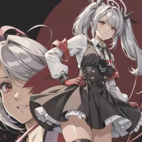 (masterpiece), 1girl, ioridef, smile, white hair, heart sign, best girl, pink town, (red apple), viewer on leash, (leash in hand), femdom, from below <lora:iori1-000005:1>, (limited color palette, 2 shades of color)