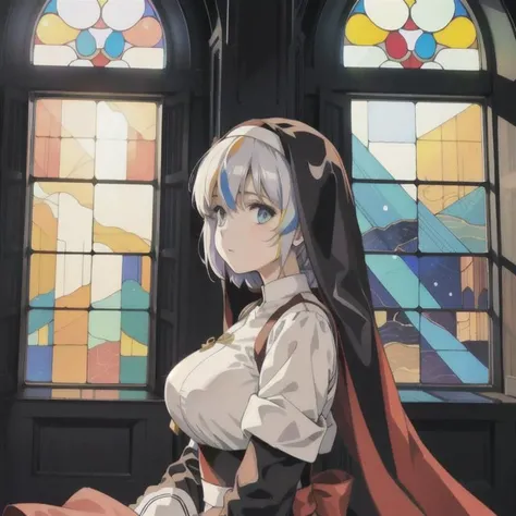 (masterpiece), 1girl, temple, nun, priestess, light through colored windows, huge space, miraculous huge cross, (limited color palette, 2 shades of color), ((colored window, deep, bright, painted windows)), (huge area)