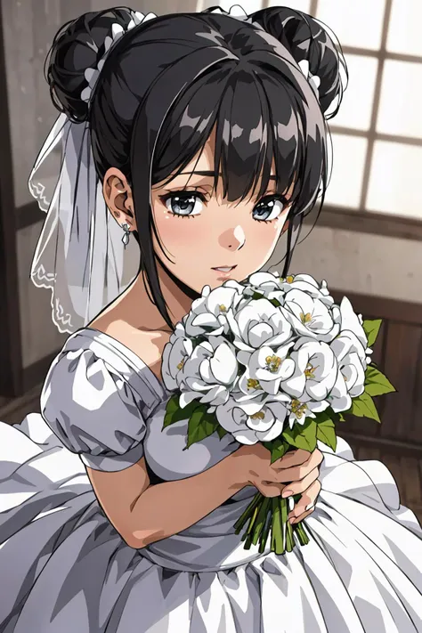 8k, RAW photo, best quality,  (((realistic))), 1girl, black hair, hair bun, jewelry, earrings, white flower, bouquet, white dress, wedding dress, holding, looking at viewer, blurry