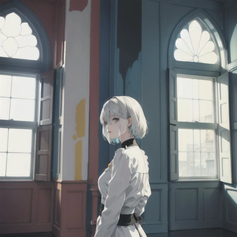 (masterpiece), 1girl, photo shot, painted wall, splash of color, abstract, clean, white hair, rectangles, (limited color palette, 2 shades of color), ((colored window, deep, bright, painted windows)), (huge area)