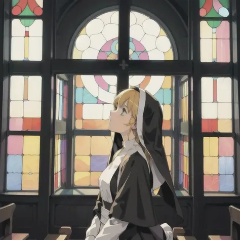 (masterpiece), 1girl, temple, nun, priestess, light through colored windows, huge space, miraculous huge cross, (limited color palette, 2 shades of color), ((colored window, deep, bright, painted windows)), (huge area)