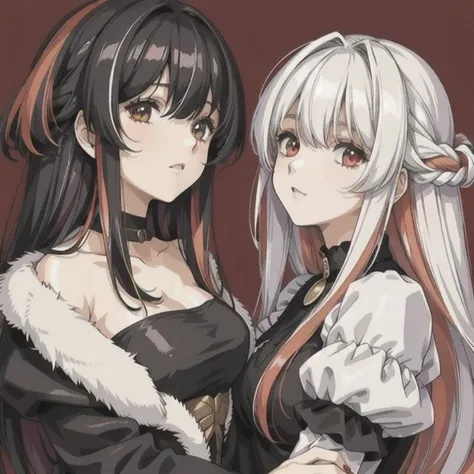masterpiece, 1girl, :3, fur clothes, (red hair), (white hair), (black hair), ((multicolored hair)), dawn, romantic, best girl, pasture, cold, (limited color palette, 2 shades of color)