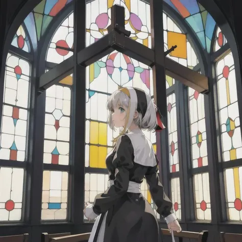 (masterpiece), 1girl, temple, nun, priestess, light through colored windows, huge space, miraculous huge cross, (limited color palette, 2 shades of color), ((colored window, deep, bright, painted windows)), (huge area)