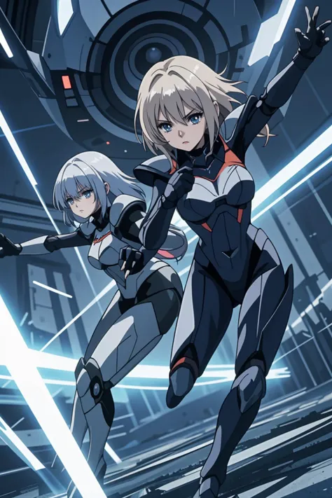 official art,sci-fi, 2girls fighting  enemies, battle suit, dutch angle, light effect, battle action, determined face, shout