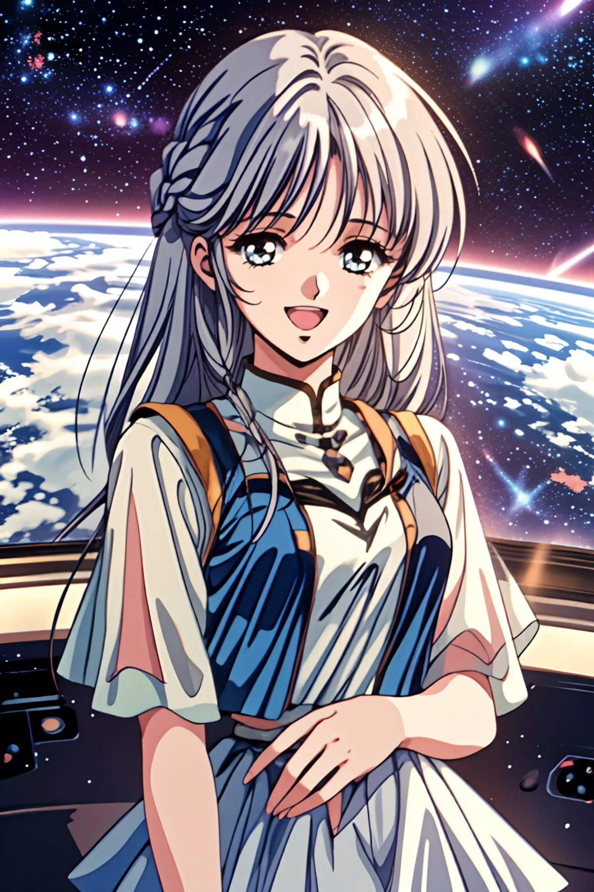 1girl, solo, panorama, space, gray hair, long hair, crown braid, french braid, gradient eyes, shortstack, (blue vest, layered skirt), :D