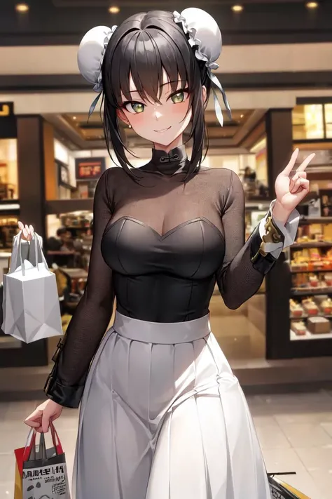 masterpiece, best quality, absurdres, perfect anatomy, 1girl, solo, Qin Liangyu, double bun, bun cover, sidelocks, high-waist skirt, long skirt, white skirt, black shirt, long sleeves, smile, standing, indoors, shopping mall