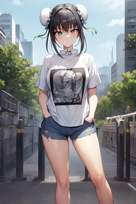 masterpiece, best quality, absurdres, perfect anatomy, 1girl, solo, Qin Liangyu, double bun, bun cover, sidelocks, graphic tee, denim shorts, standing, outdoors, city, hands in pockets