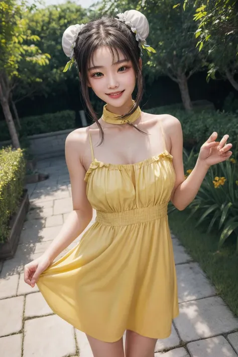 <lora:CHAR-QinLiangyu:1> <lora:add_detail:1> masterpiece, best quality, absurdres, perfect anatomy, 1girl, solo, Qin Liangyu, double bun, bun cover, sidelocks, yellow sundress, garden, smile