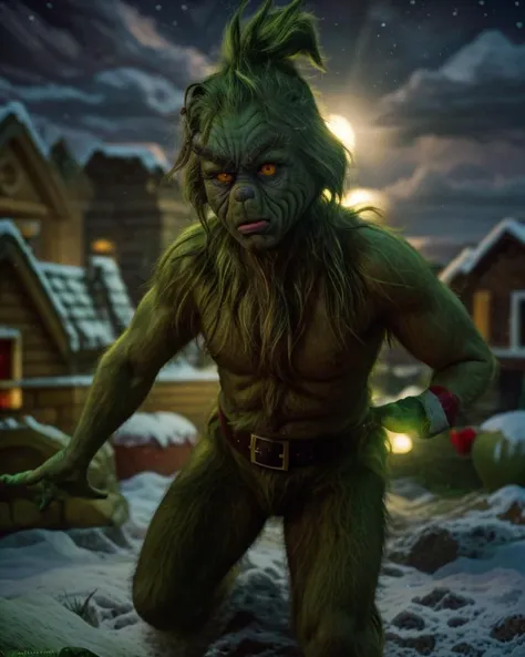 <lora:LCM_LoRA_Weights_SD15:1>, <lora:grinch_jim_carrey:1> (grinch dressed as santa calus), masterpiece, illustration, in a snowy village made of gingerbread, detailed, action shot, vivid lighting, 8k, colorful <lora:more_details:0.8>  <lora:improve_backgrounds:0.85>