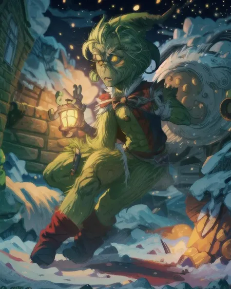 <lora:LCM_LoRA_Weights_SD15:1>, <lora:grinch_jim_carrey:1> (grinch dressed as santa calus), masterpiece, illustration, in a snowy village made of gingerbread, detailed, action shot, vivid lighting, 8k, colorful <lora:more_details:0.8> <lora:improve_backgrounds:0.85>