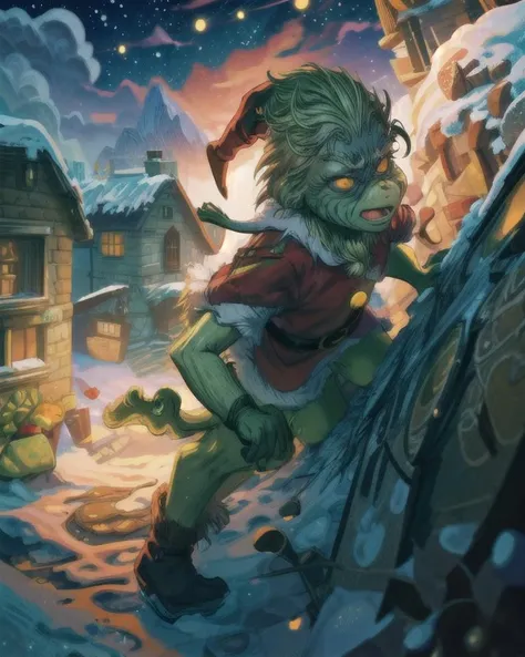 <lora:LCM_LoRA_Weights_SD15:1>, <lora:grinch_jim_carrey:1> (grinch dressed as santa calus), masterpiece, illustration, in a snowy village made of gingerbread, detailed, action shot, vivid lighting, 8k, colorful <lora:more_details:0.8> <lora:improve_backgrounds:0.85>